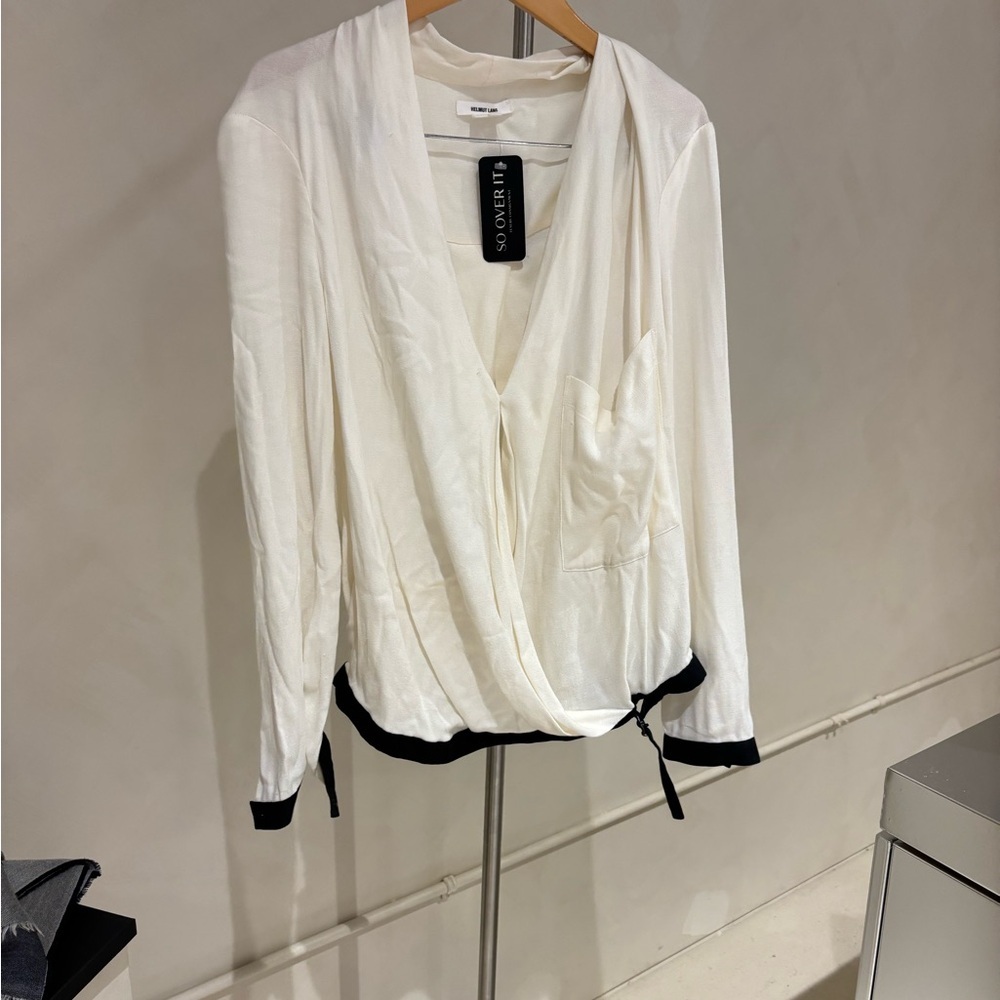Helmut Lang White V-Neck Front Pocket Black Trim Viscose/Wool